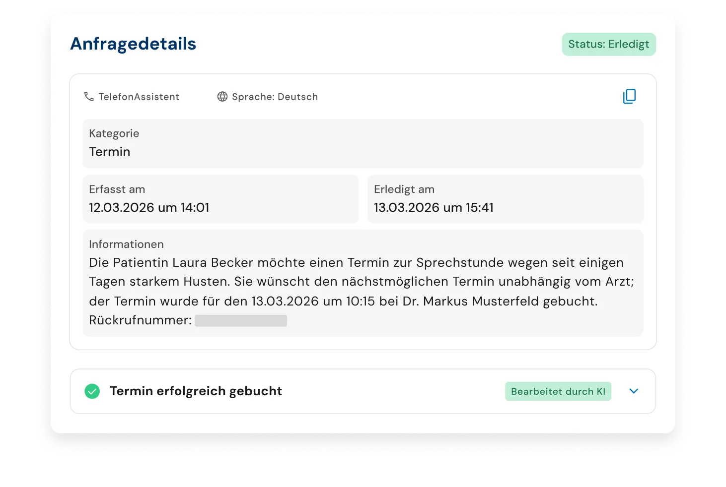 Exemplarische Ansicht einer KI-generierten Anrufzusammenfassung