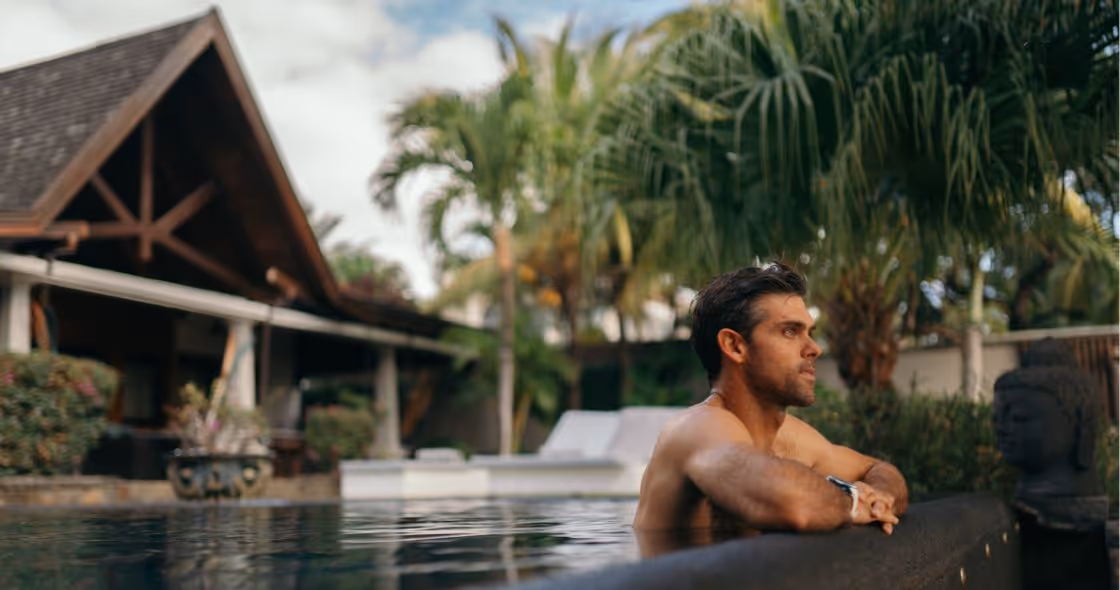 A luxurious villa in Mauritius with a private pool and lush tropical surroundings.