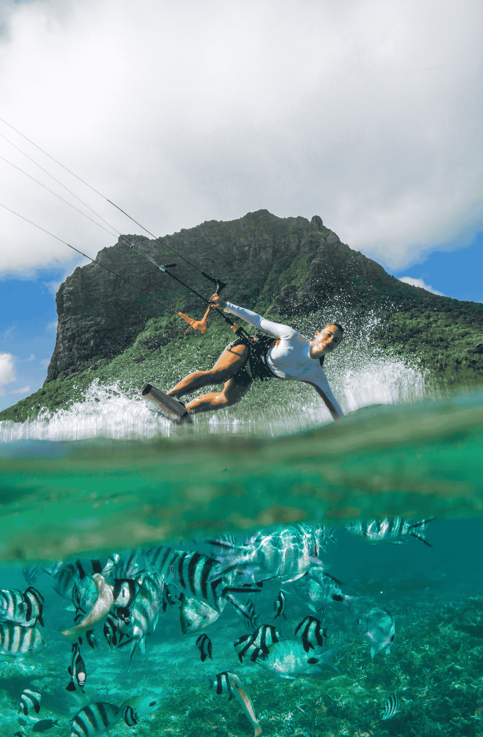 Kitesurfing session at sunset in Belle Mare lagoon