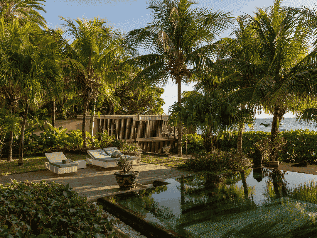 Tropical garden with palm trees, lounge chairs, and ocean view.