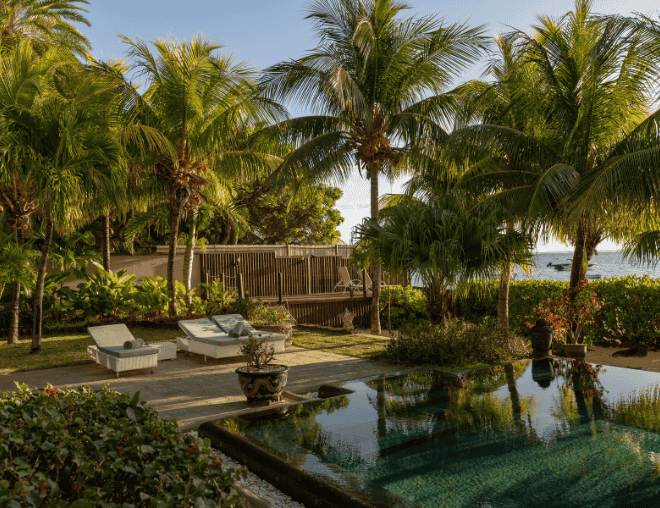 Palm-lined seaside terrace with sun loungers and a small reflective pool.
