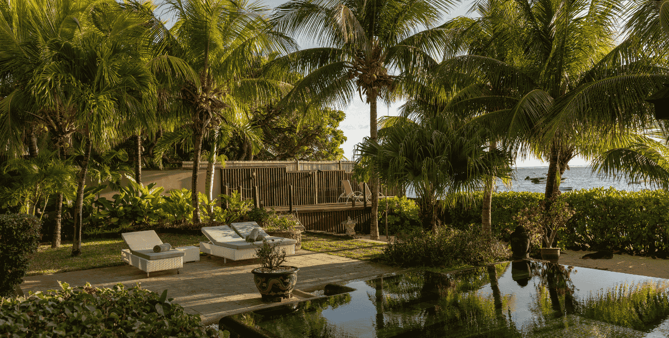 Relaxing tropical beachfront setting with lush greenery and calm sea views.