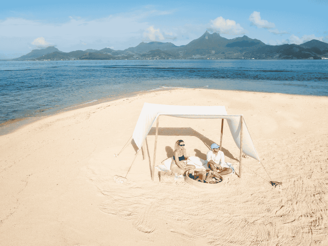 Couple enjoying a beach picnic under a canopy on a secluded sandy shore