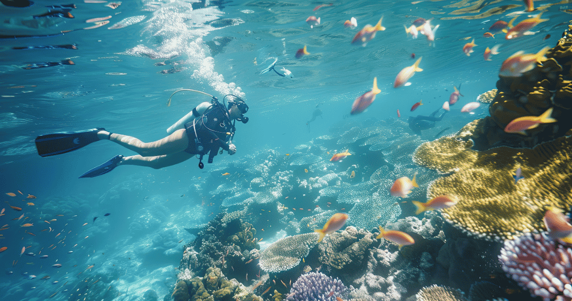 Scuba diver exploring a vibrant coral reef with colorful tropical fish.