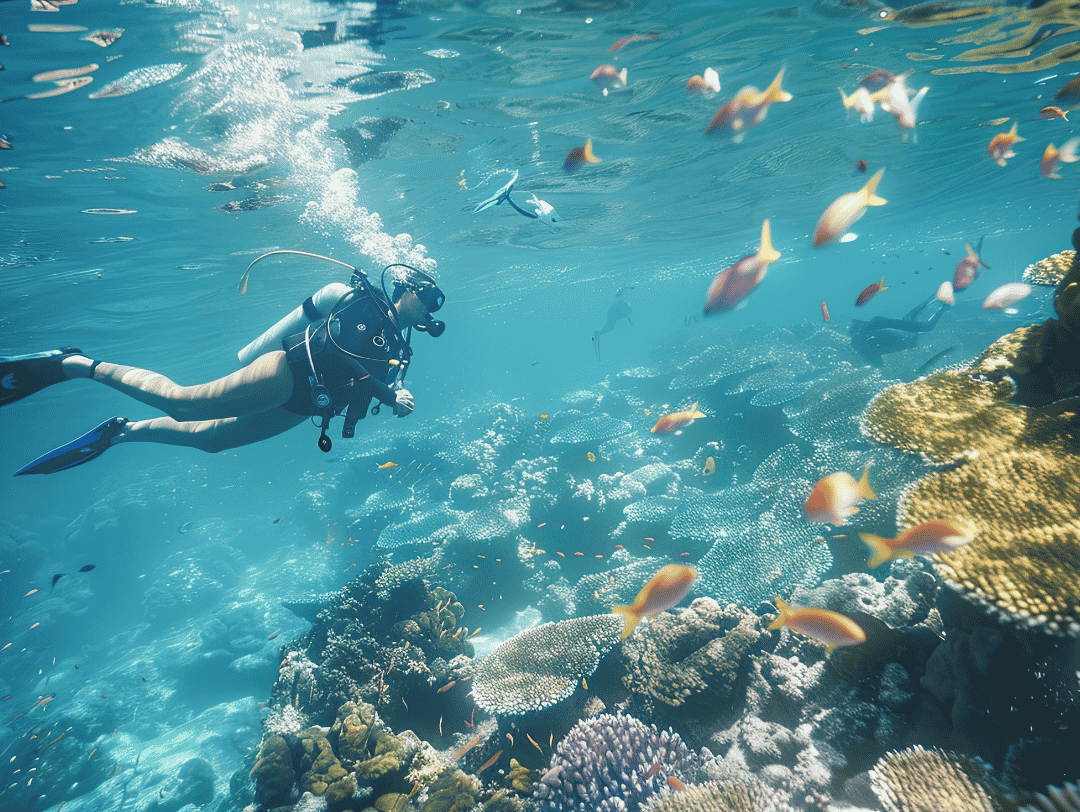 Scuba diver exploring a vibrant coral reef with colorful tropical fish.