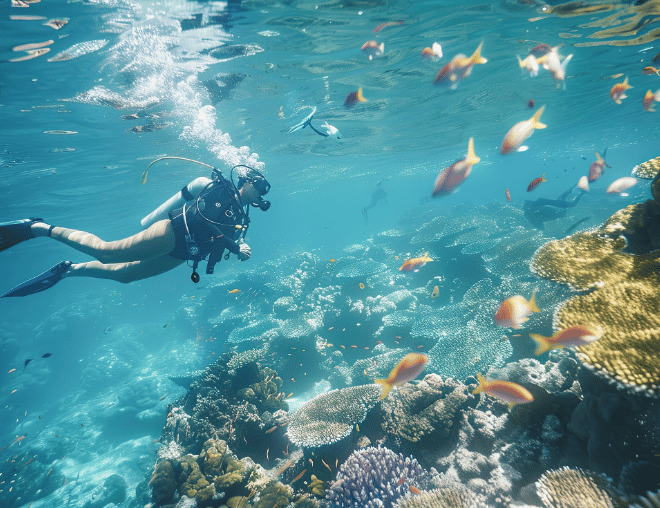 Underwater view of a diver amidst a diverse marine ecosystem.