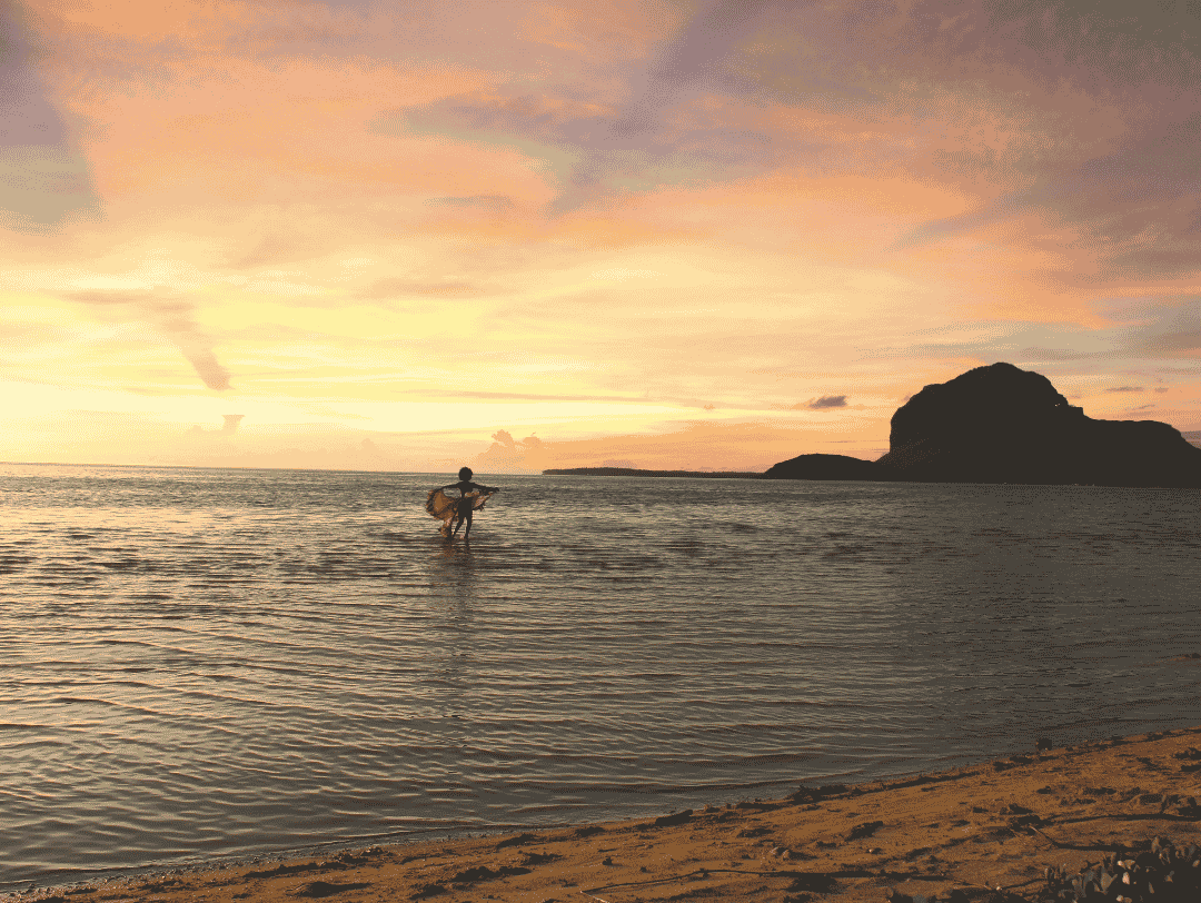 Silhouette of a person standing in the ocean at sunset.