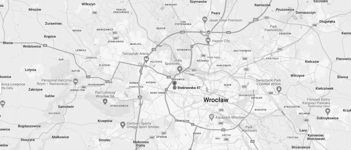Kort over Wroclaw i Polen med pin sat i adressen Stobrawska 47