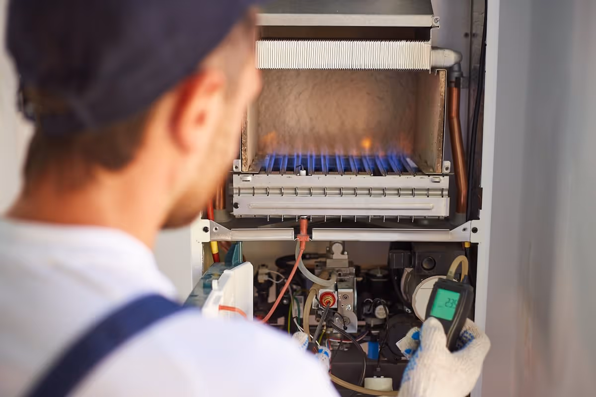 Techniker prüft mit einem Messgerät die Funktion einer Gasheizung mit sichtbaren blauen Flammen.