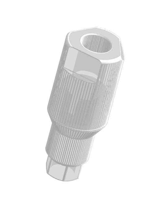 A three-dimensional wireframe model of a mechanical part with a cylindrical shape and hexagonal ends.