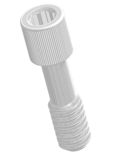A silver hex socket cap screw with a threaded end and a ridged cylindrical head.
