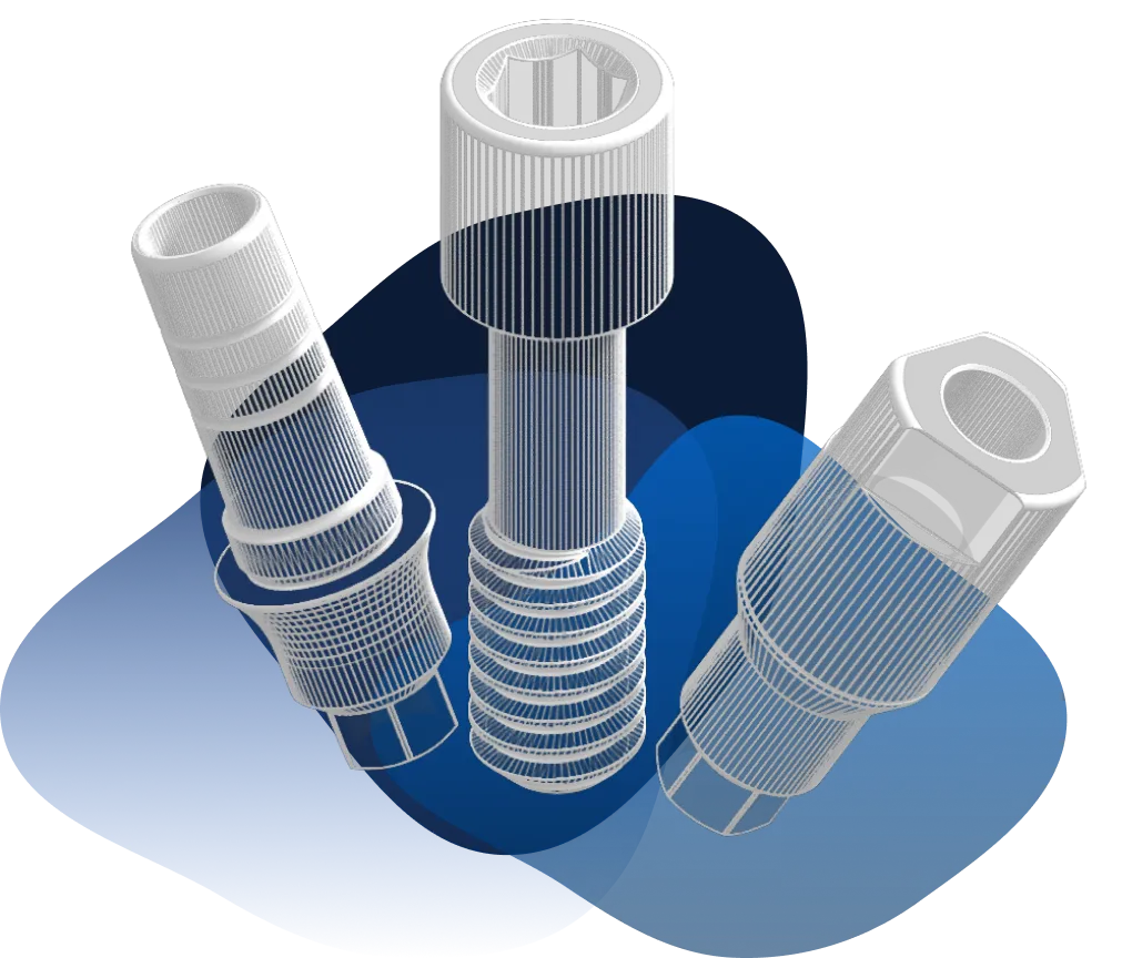 Three computer-rendered mechanical bolts are displayed on a blue abstract background.