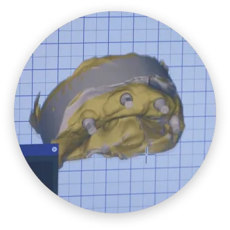 A digital 3D model shows a yellow object with a metallic band and three protruding cylinders.