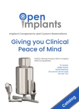 Catalog cover displaying dental implant components with the text "Giving you Clinical Peace of Mind."