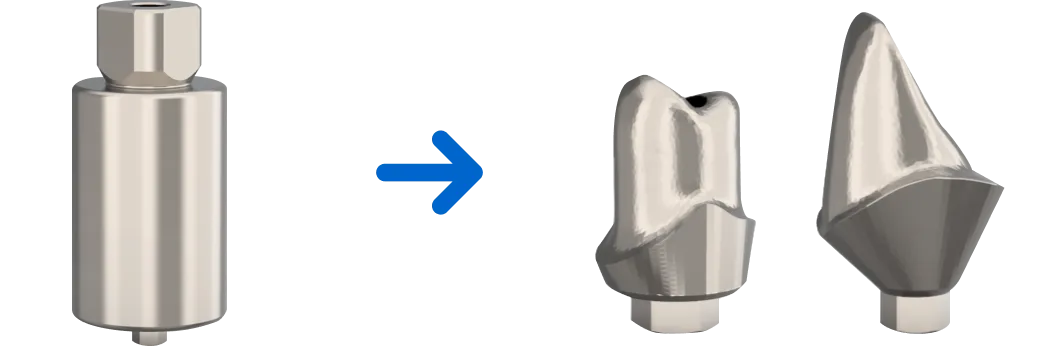 A blue arrow points from a cylindrical metal object to two different shaped metal attachments.