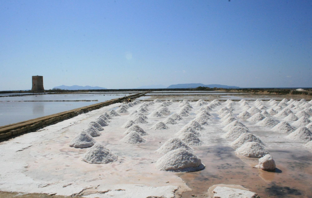 Salt crystals in beds spread across a large area near a lake with mountains in the background