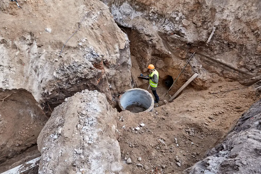 Engineer dressed in reflective vest and hard hat is inspecting a rocky terrain to determine the geological expectations of the site