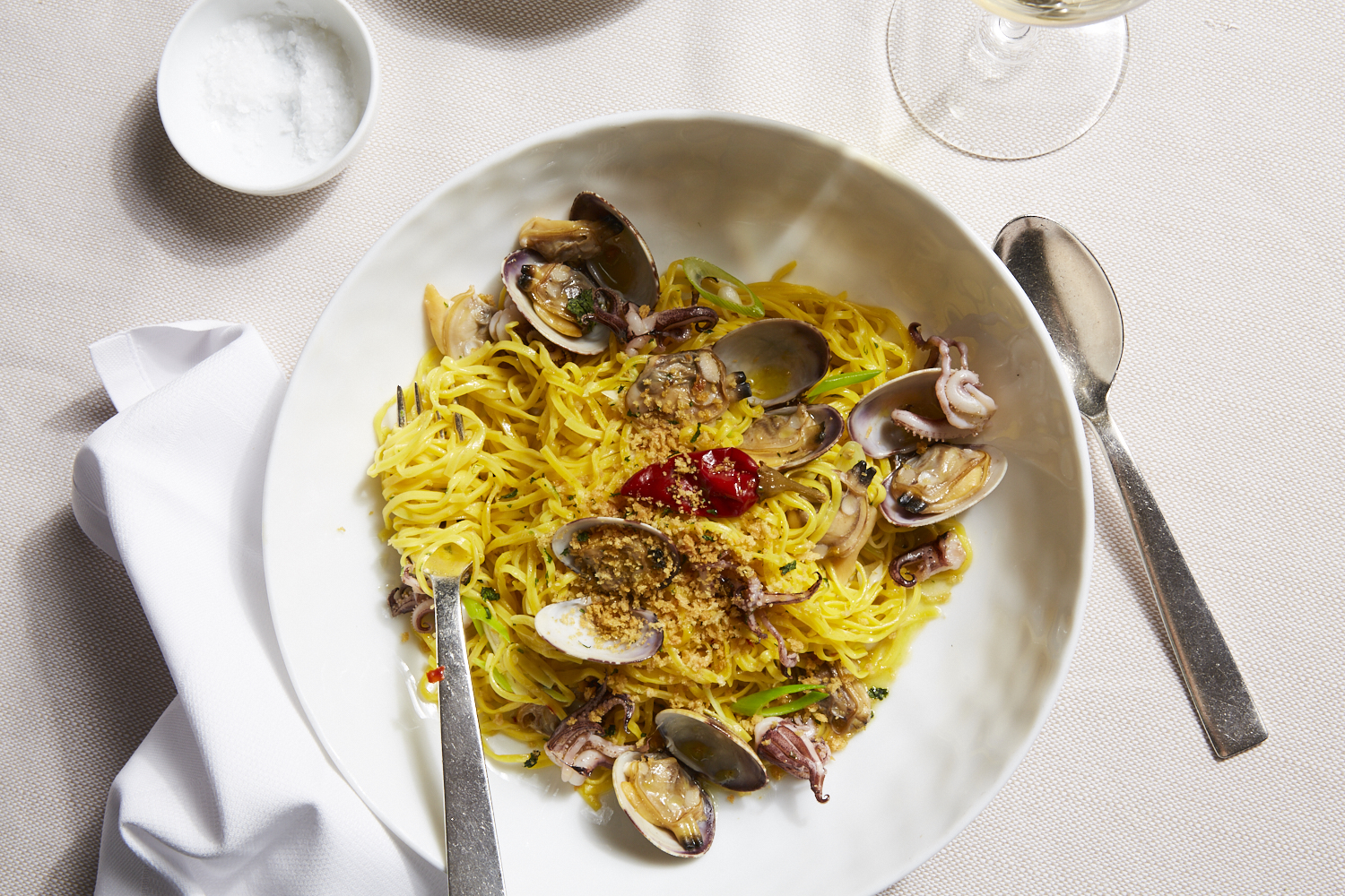 half an avocado, filled with spot prawn tartare