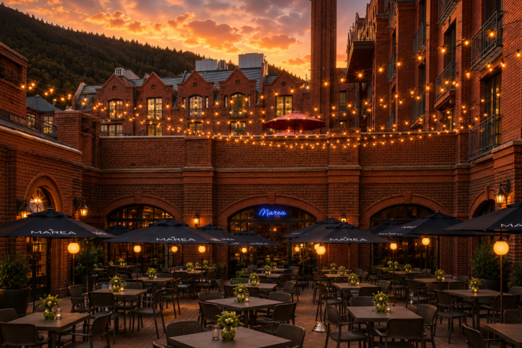 photo of marea aspen terrace at sunset at the st. regis aspen resort