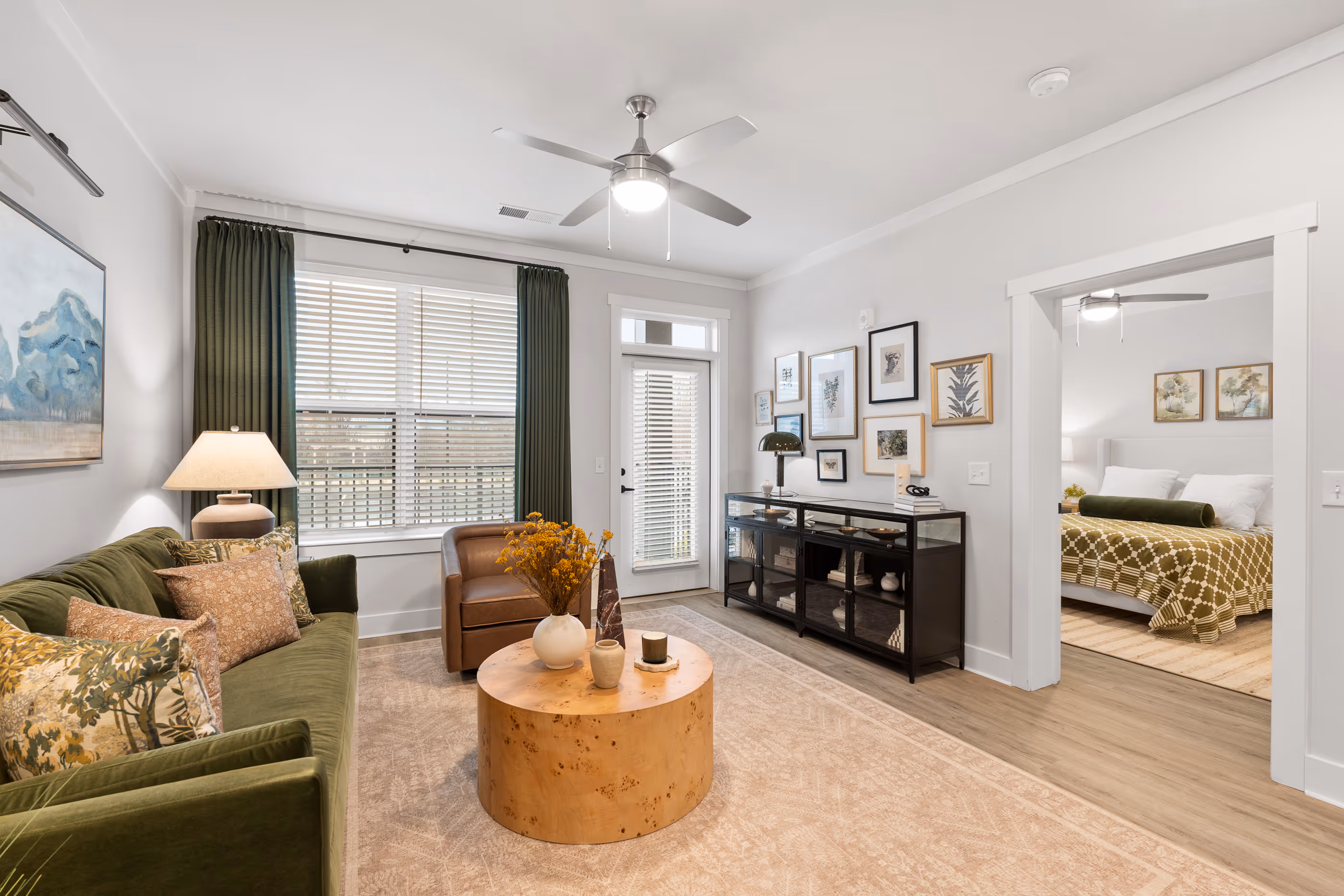 Living room and bedroom view at The Abbey in Greenville, SC