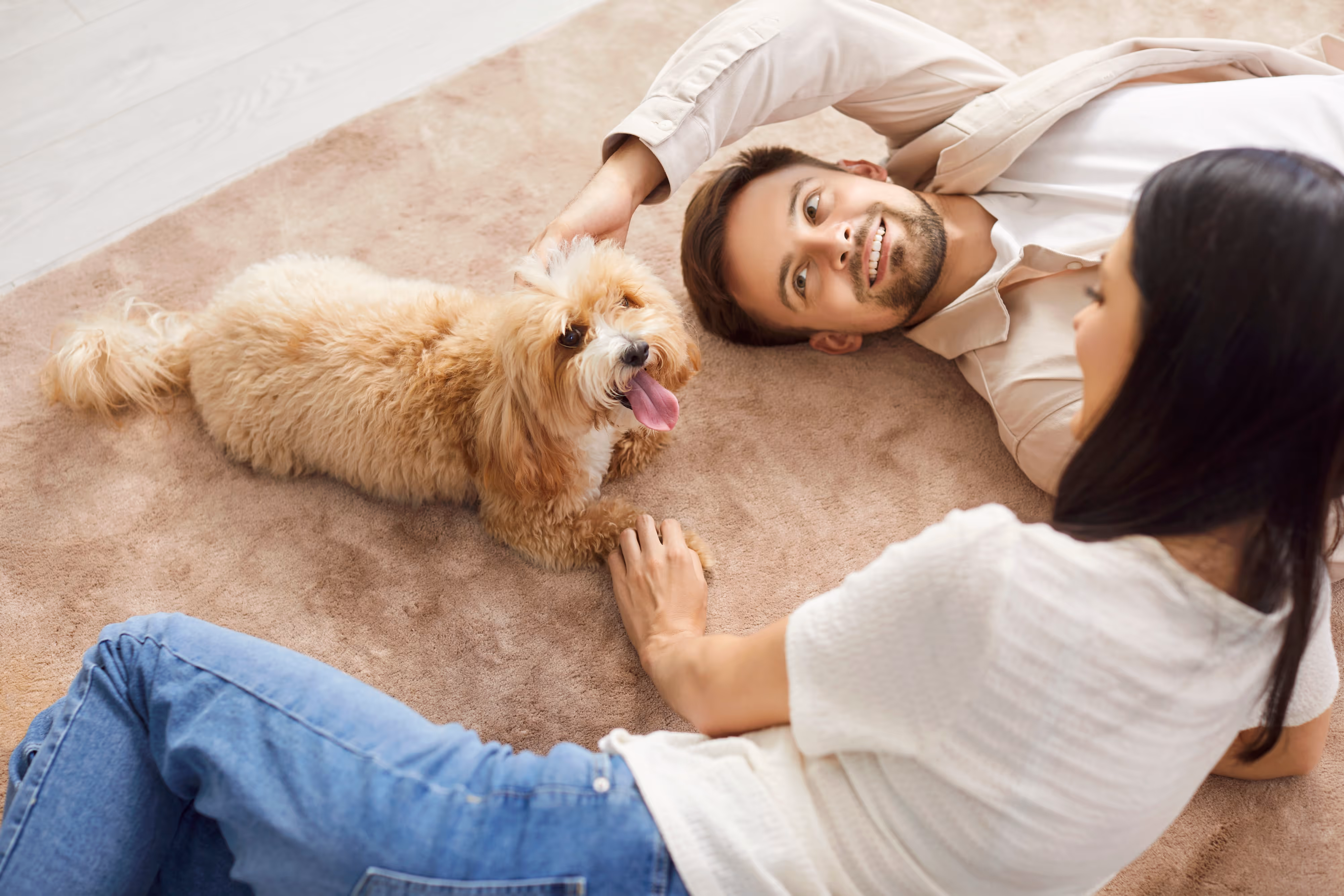 Happy couple with dog at their new apartment in Greenville, SC