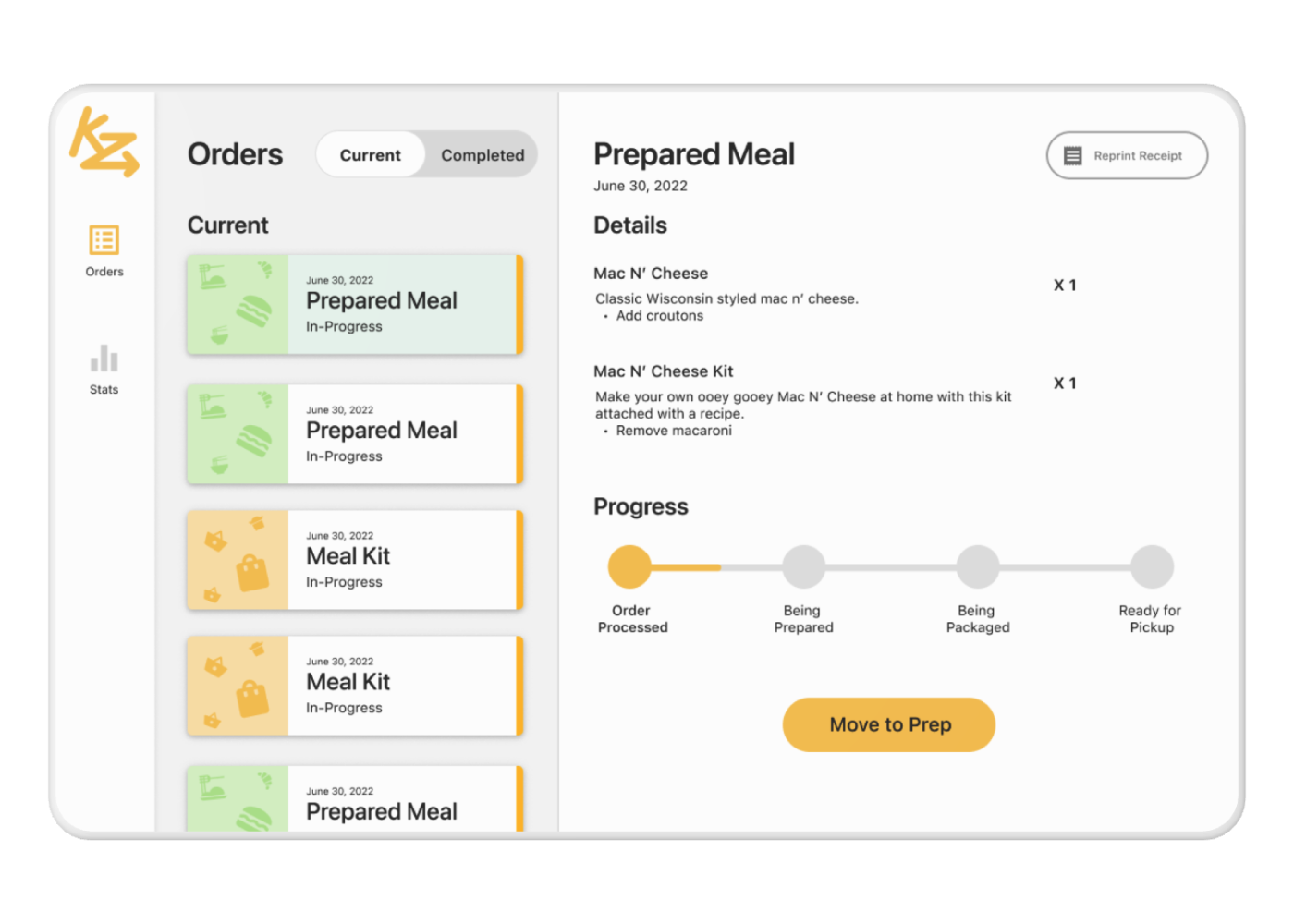 The tablet kitchen order handling system. It contains a section for current and completed orders. Each current order has a progress tracker as well as details.