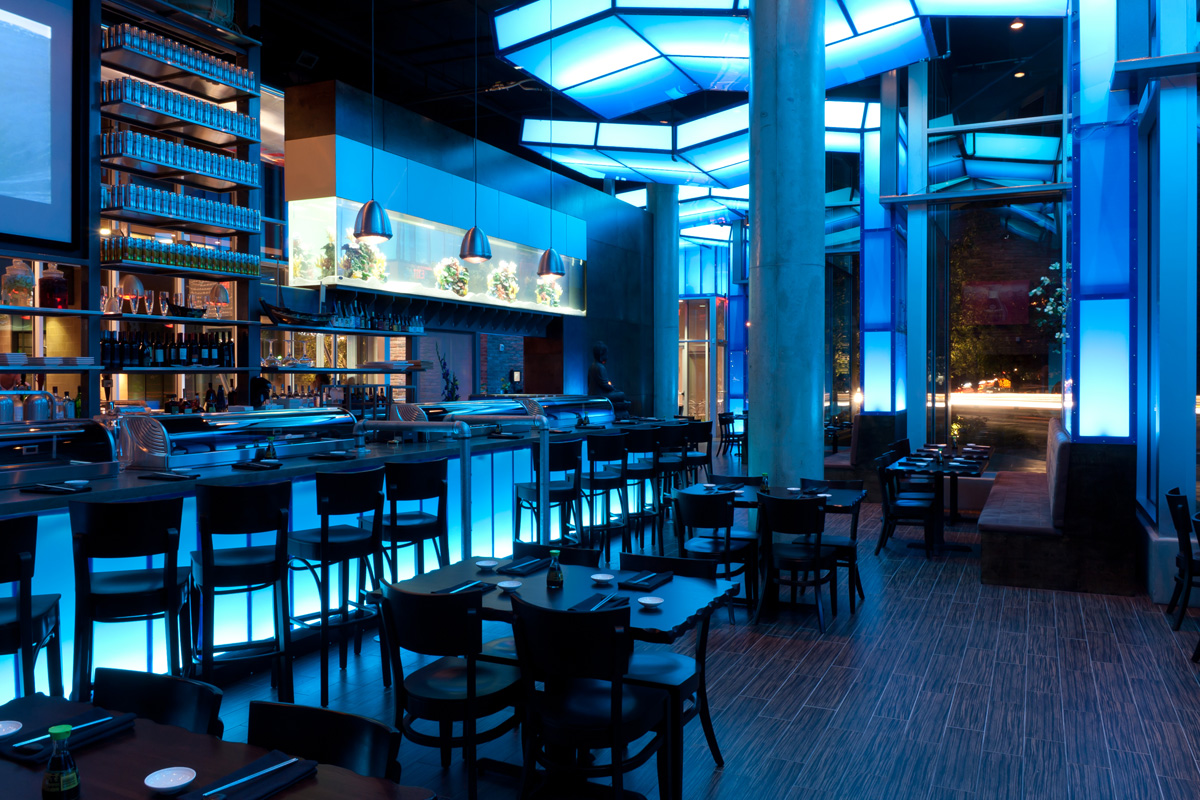 A fresh and energetic atmosphere inside of Blue Sushi Sake Grill located in Fort Worth, Texas. 