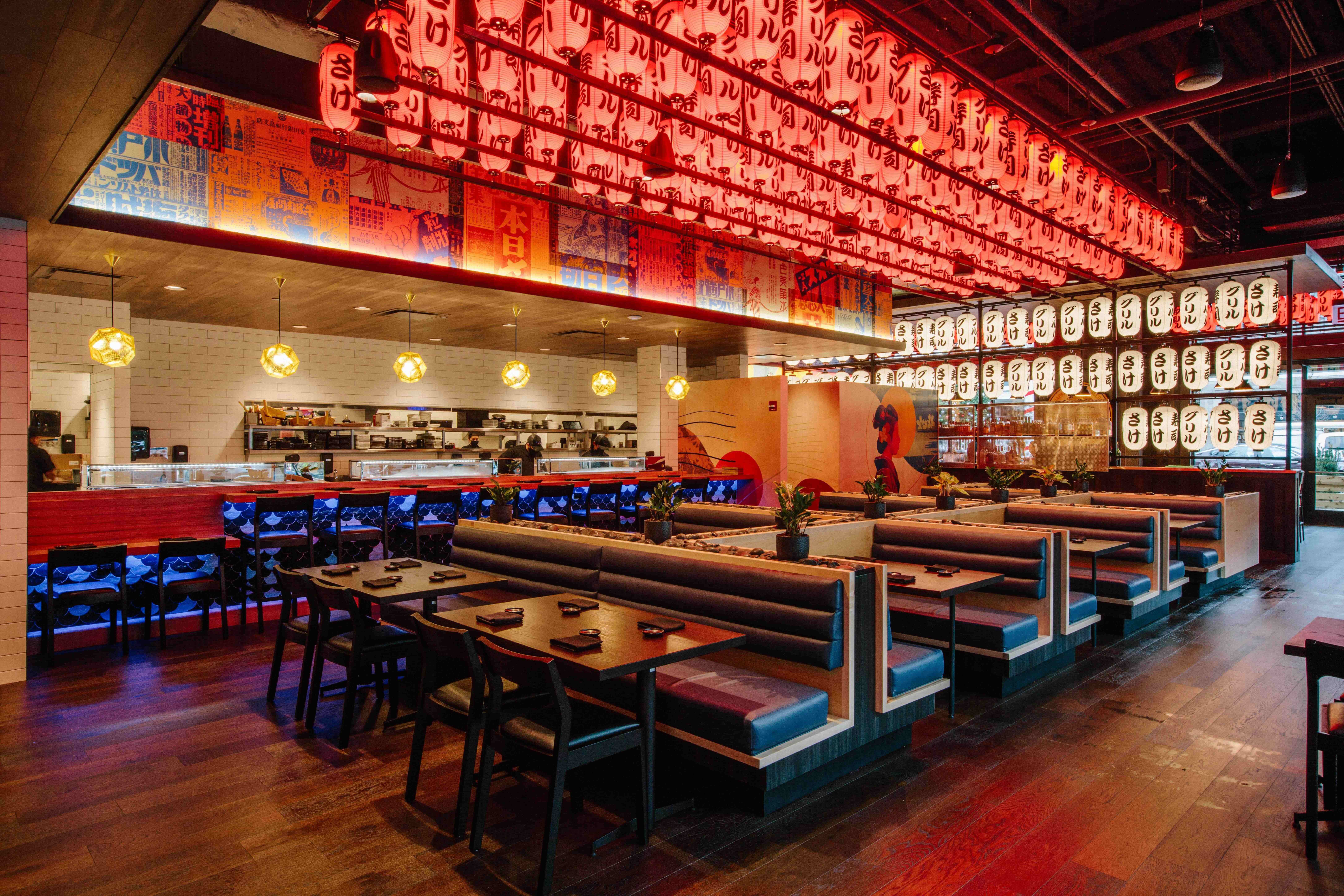 Inside of Blue Sushi Sake Grill located in the Lincoln Common area in Chicago, Illinois.
