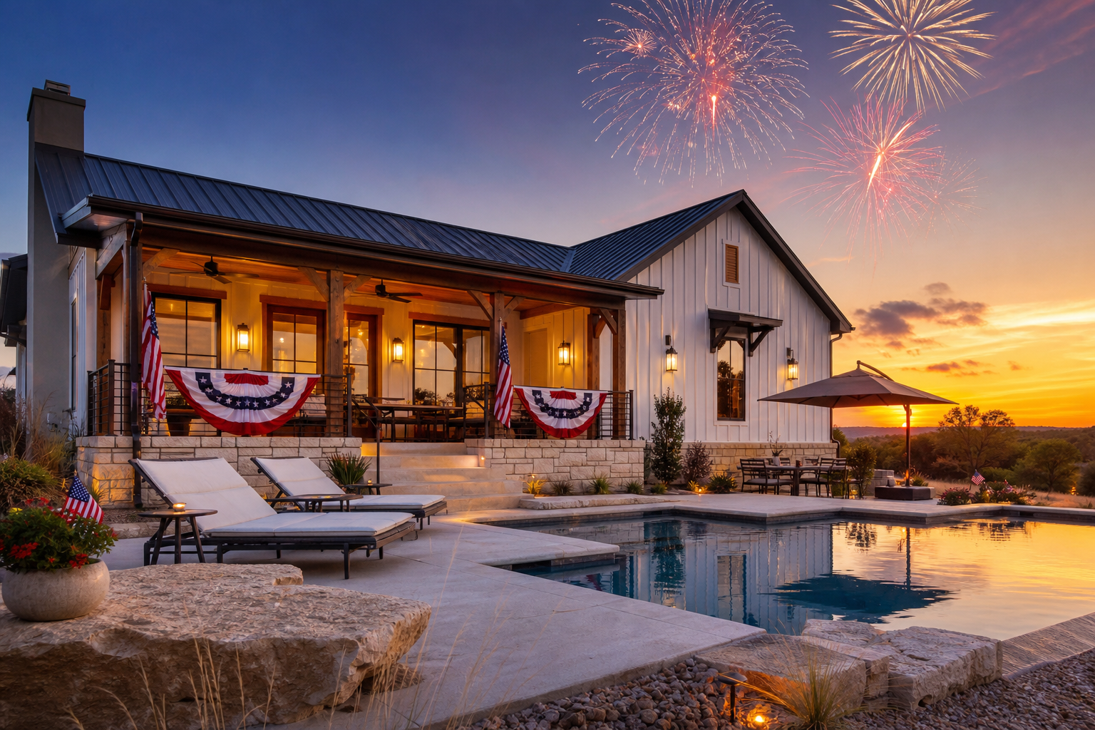 Texas vacation rental home decorated for 4th of July with American flag bunting, pool, and fireworks at sunset