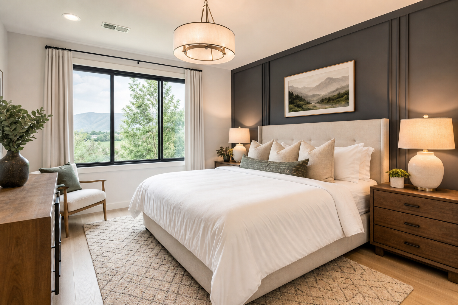 Luxury Airbnb bedroom with king-size bed and elegant accent wall