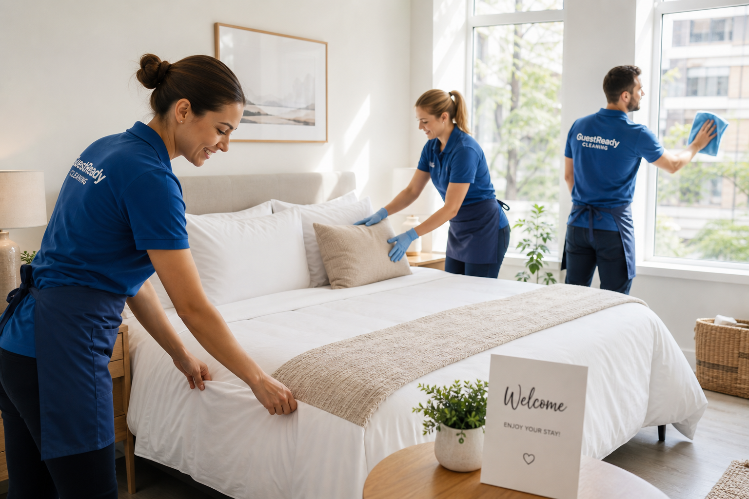 Professional cleaner preparing a modern Airbnb for guest arrival