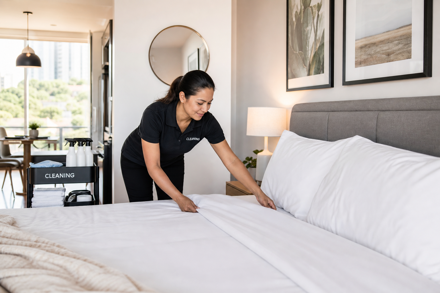 Professional cleaning team performing same-day Airbnb turnover
