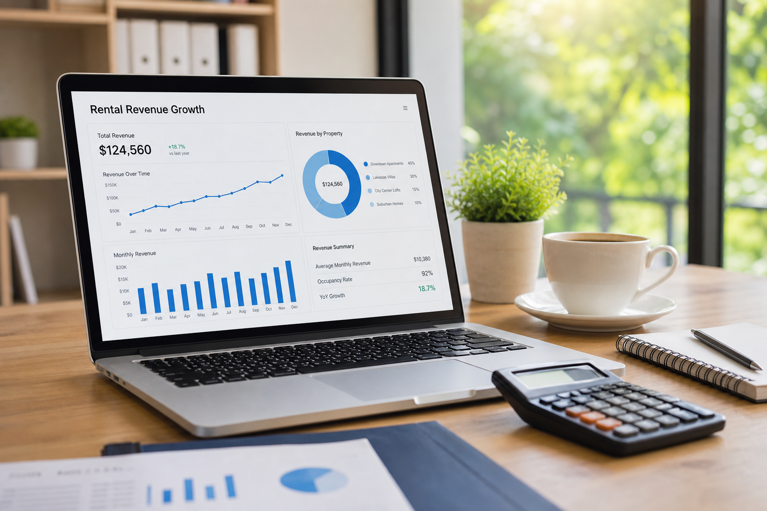 Laptop showing rental revenue analytics and management fees