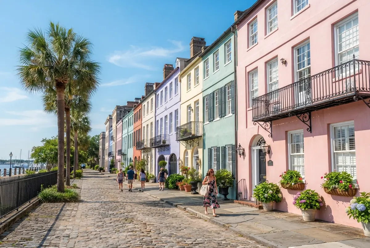 Colorful Rainbow Row houses in Charleston South Carolina