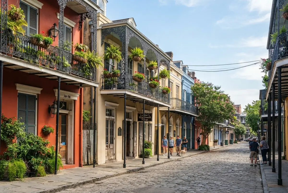 French Quarter New Orleans with wrought iron balconies and historic architecture