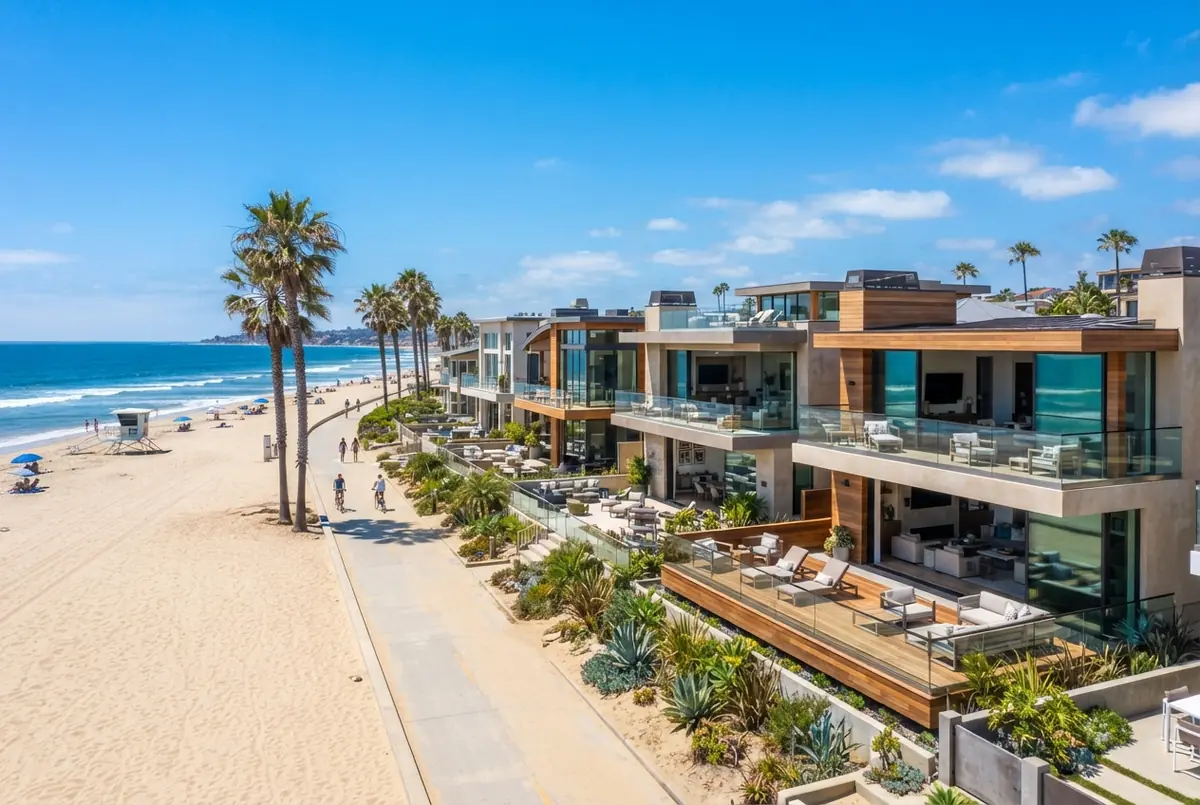 San Diego beachfront homes near Mission Beach with ocean view and palm trees