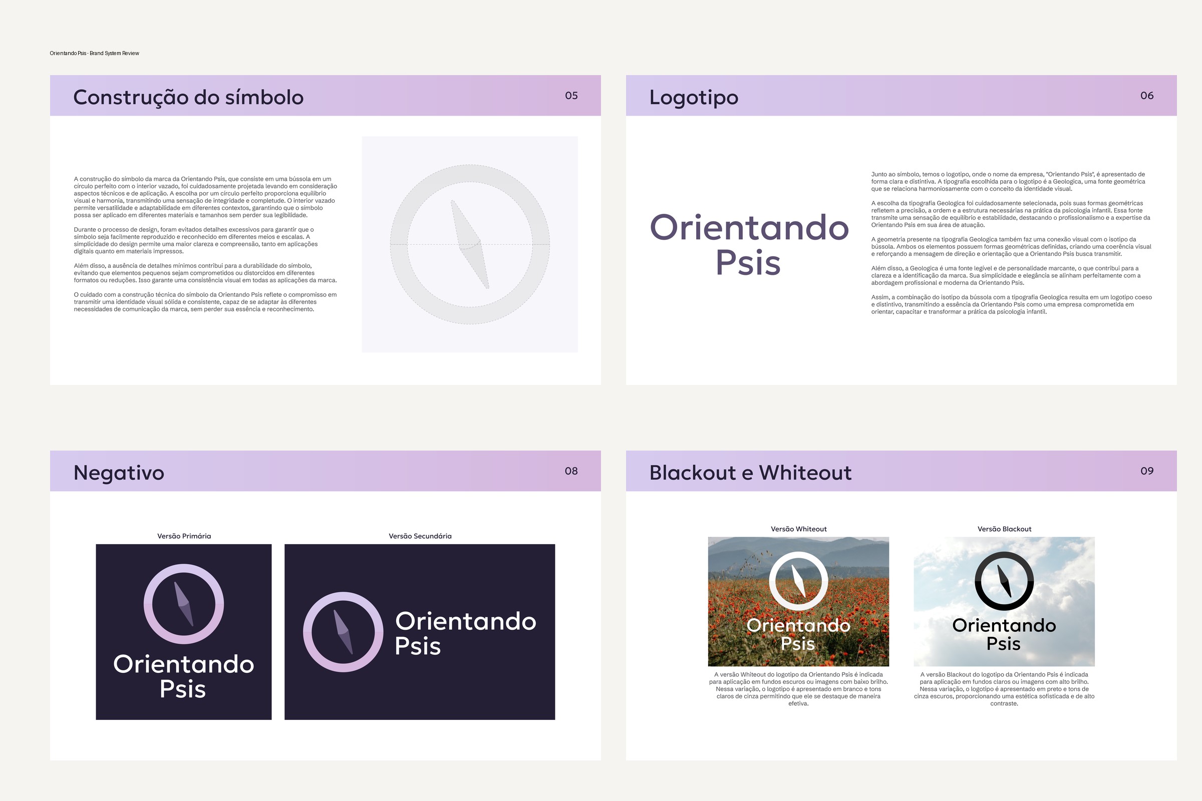 Pranchas do sistema de marca Orientando Psis mostrando construção do símbolo, logotipo e versões de contraste.