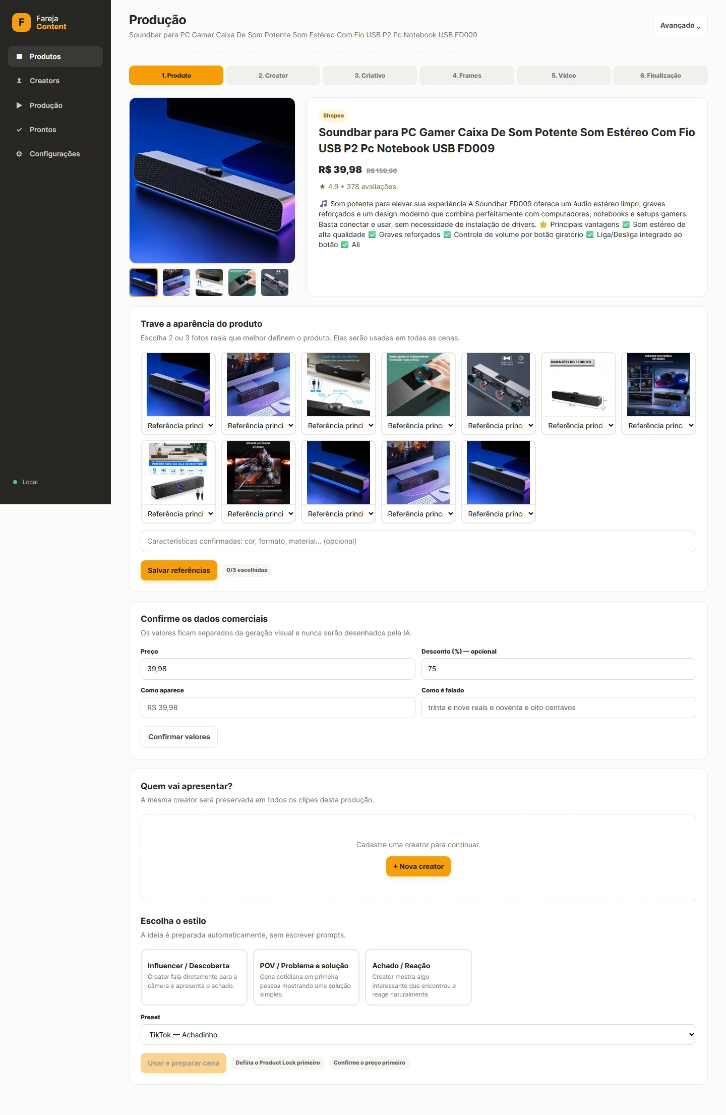 Tela do Fareja Content mostrando uma produção em andamento com etapas, prompts, referências e controles do fluxo criativo.