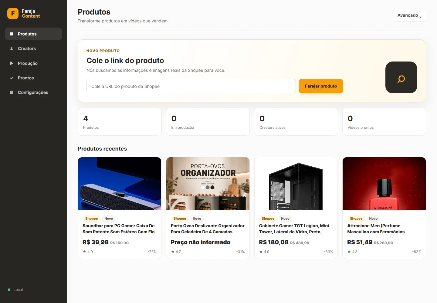 Tela real do Fareja Content com dashboard de produtos, status de processamento e controles da operação de conteúdo.