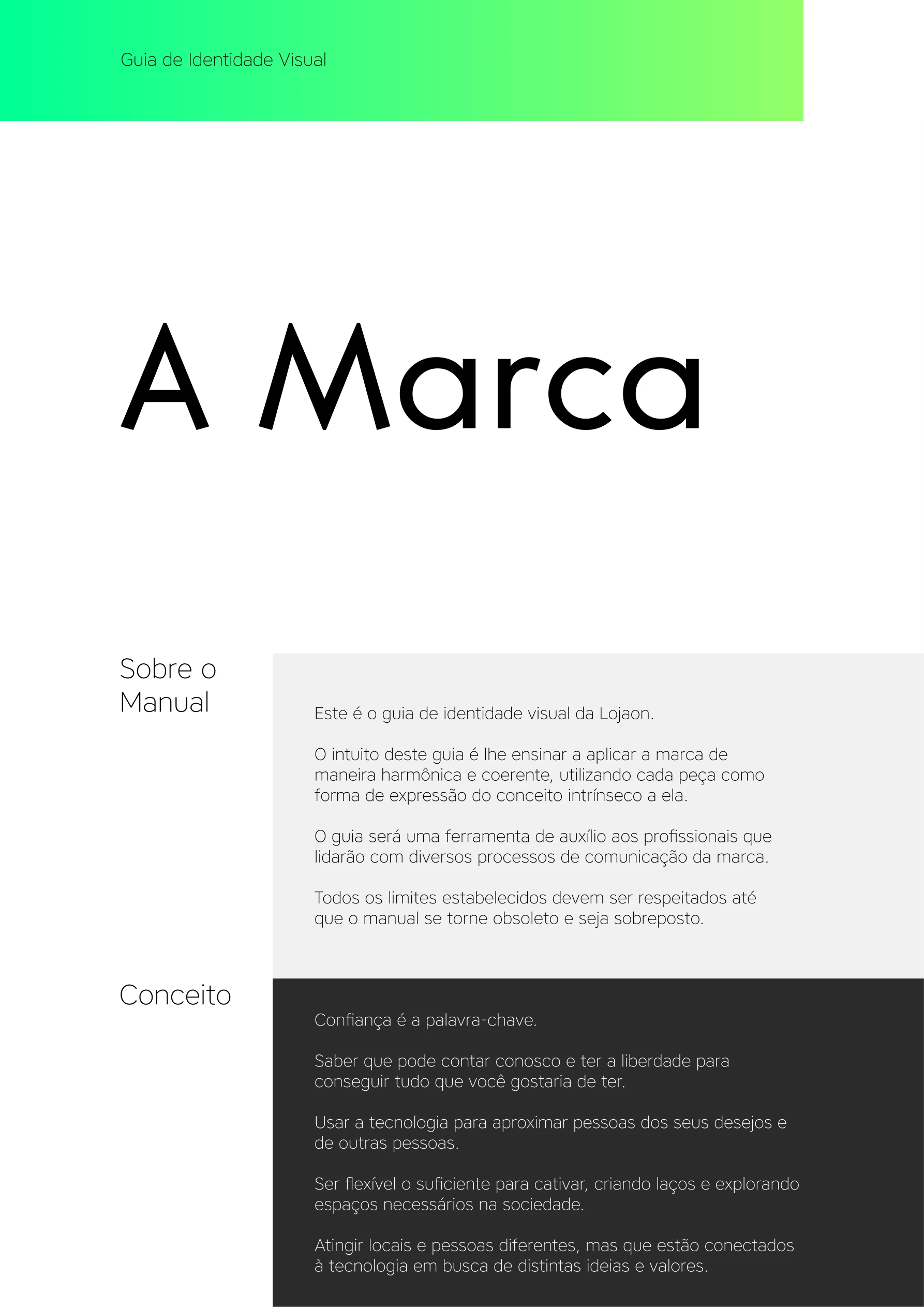 Página do guia de identidade da Lojaon com apresentação da marca e texto sobre o conceito de confiança.