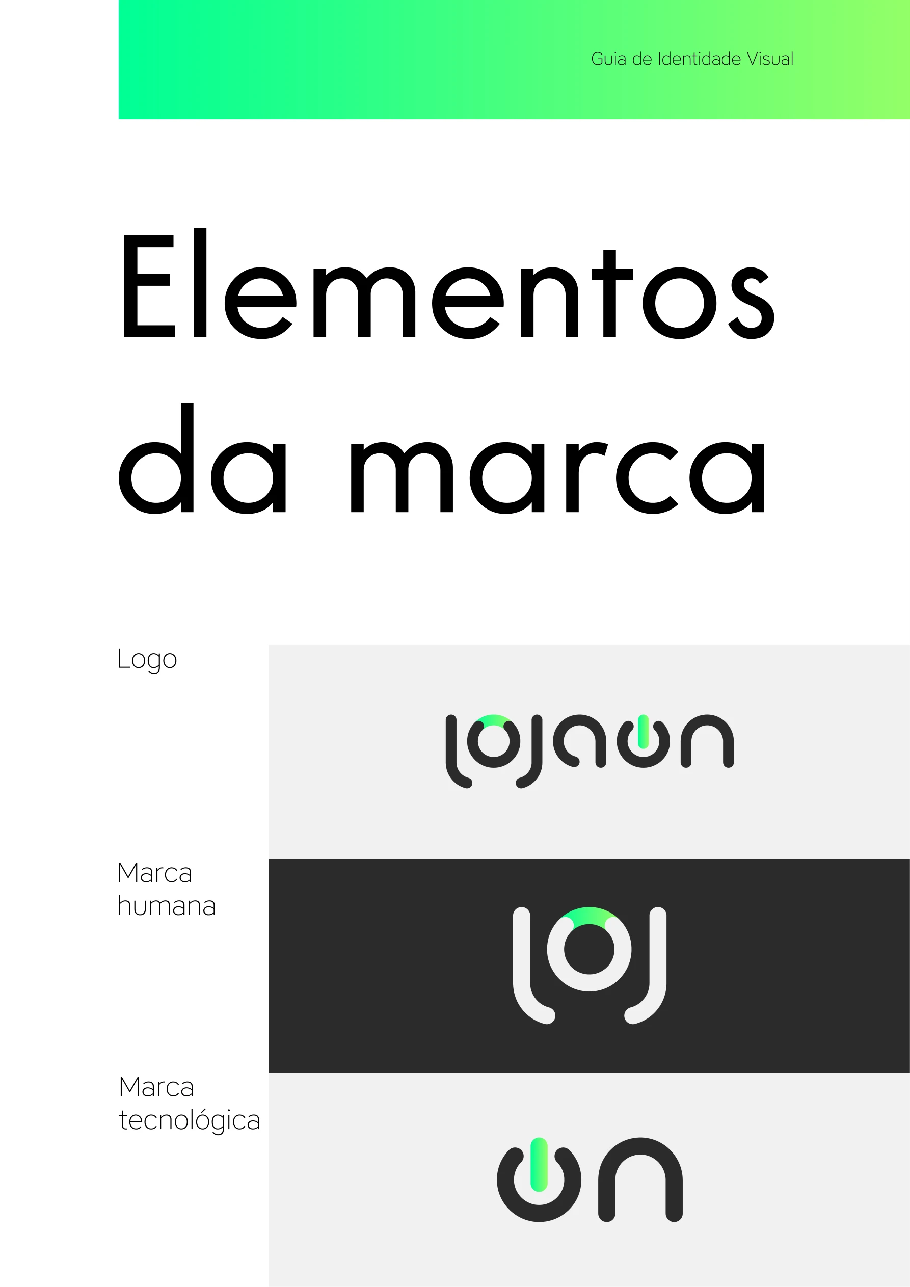 Página do guia de identidade da Lojaon mostrando o logotipo e os elementos humano e tecnológico que compõem a marca.