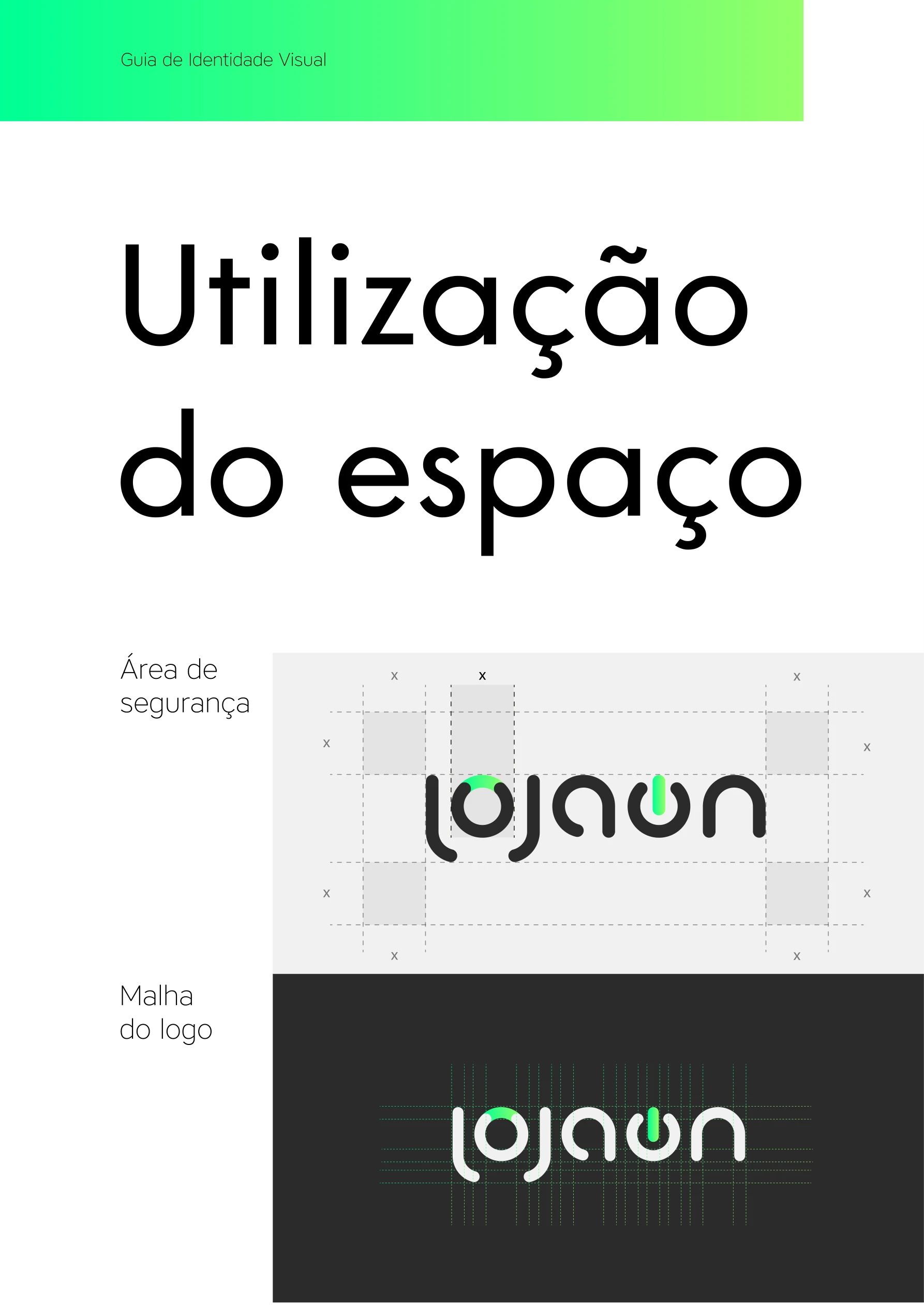 Página do guia de identidade da Lojaon mostrando área de segurança e malha de construção do logotipo.