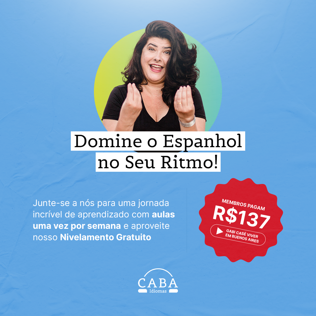 Peça de campanha da CABA Idiomas em azul com chamada para curso de espanhol e destaque de oferta.