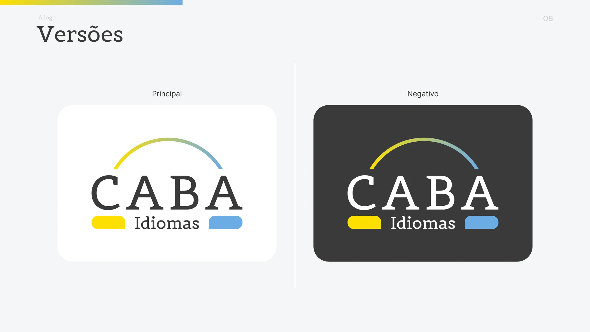 Versões principal e negativa do logotipo CABA Idiomas documentadas no guia de marca.