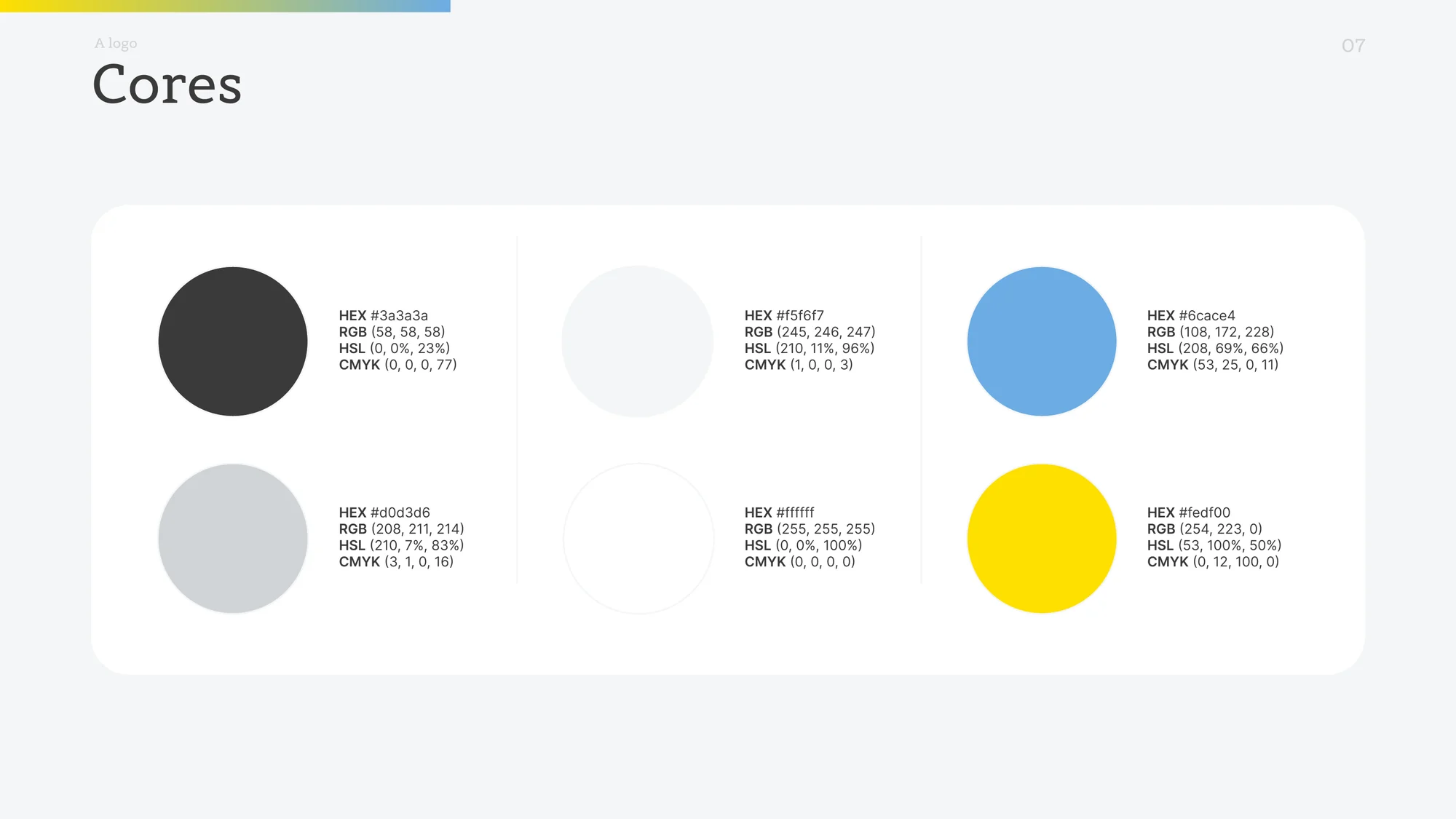 Paleta de cores da CABA Idiomas com cinzas, branco, azul e amarelo documentada no guia de marca.