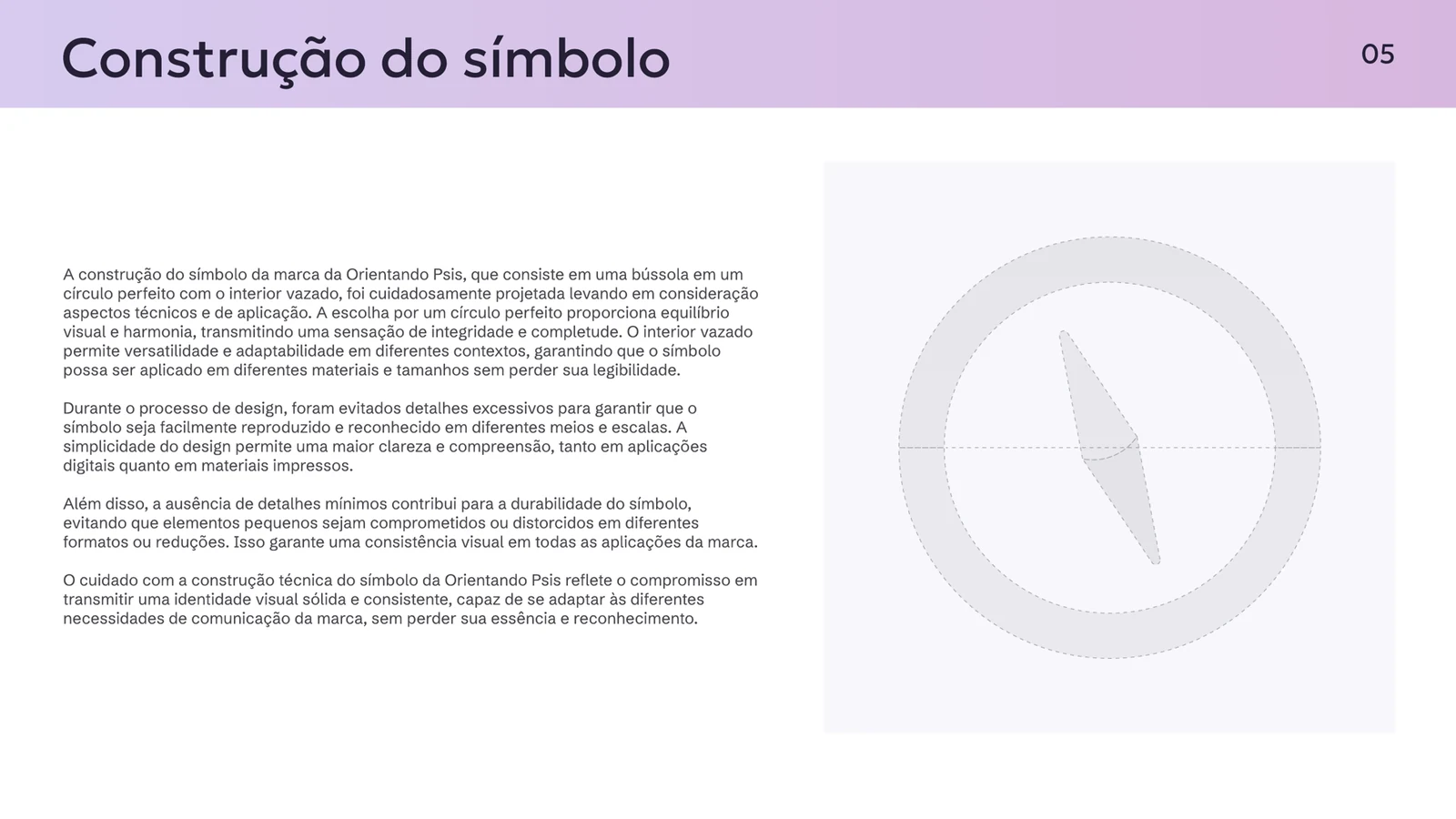 Prancha do guia de identidade da Orientando Psis mostrando a construção geométrica do símbolo de bússola.