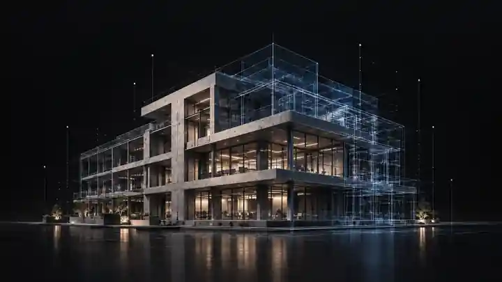 Edifício contemporâneo parcialmente convertido em modelo BIM wireframe, representando construção, dados e inteligência operacional.