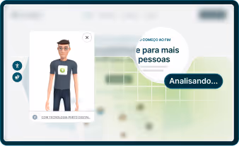Interface de dashboard exibindo um avatar masculino com óculos e camiseta preta, com um balão de texto escrito 'Analisando...' e um gráfico de fundo borrado.