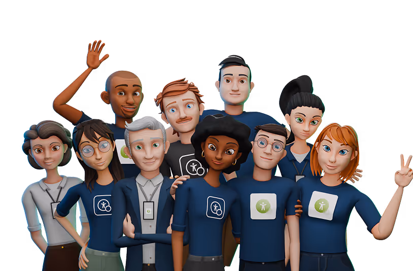 Grupo diversificado de dez pessoas animadas reunidas, algumas com camisetas com símbolos de acessibilidade, uma fazendo sinal de paz e outra acenando.