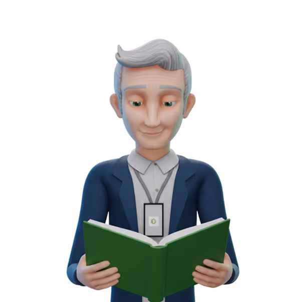 Homem de cabelo grisalho vestindo terno azul lendo um livro verde.